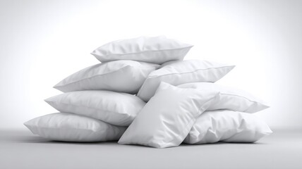 Stack of soft white bed pillows on plain background. AI generated