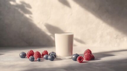Healthy Berry Breakfast with White Cup in Sunlight Featuring Raspberries and Blueberries in a Minimalist and Serene Morning Composition