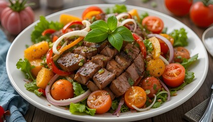 Colorful Steak Salad with Crisp Veggies and Tomatoes
