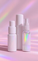 Three white cosmetic bottles with iridescent holographic effects, positioned on a soft pink background with rainbow light streaks