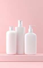 Three white plastic bottles,  likely for body care products,  stand on a light pink shelf against a pink background.  Simple, minimalist design