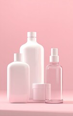 Three white cosmetic bottles and a clear spray bottle, on a pink background