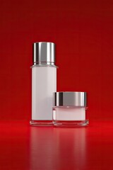 Two cosmetic bottles, one tall and one short, with blank white labels, sit on a red surface.  Silver-toned caps