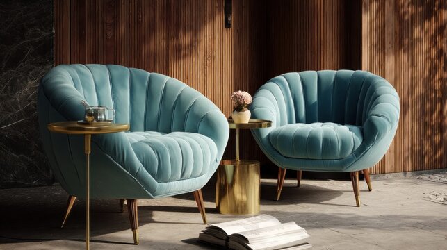 Two teal velvet armchairs with gold legs in a modern interior setting.