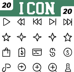 Hand Drawn Icon Set with Play Buttons Stars Shopping and More