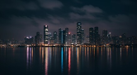 Fototapeta premium Vibrant Urban Night Skyline With Illuminated Skyscrapers Reflected In Calm Water