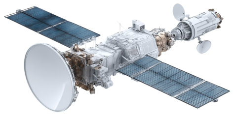 Detailed Space Satellite with Solar Panels and Antennas on Transparent Background