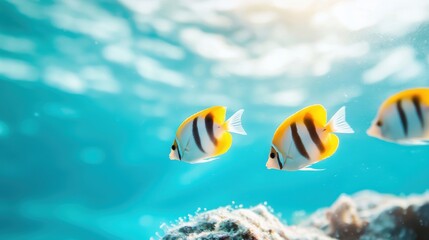Fototapeta premium Underwater School of tropical fish moving together in perfect harmony near a coral reef.