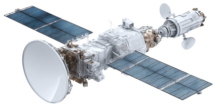Detailed Space Satellite with Solar Panels and Antennas on Transparent Background - Powered by Adobe