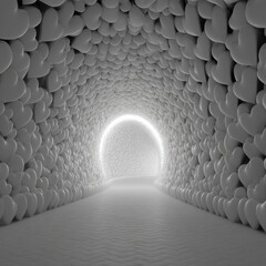 Tunnel lined with many white hearts leads to a bright light
