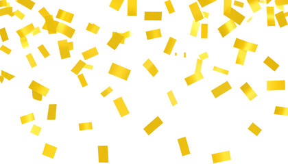 Realistic rectangular gold confetti raining downward on bright white, elegant and rich.