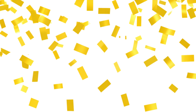 Realistic rectangular gold confetti raining downward on bright white, elegant and rich.