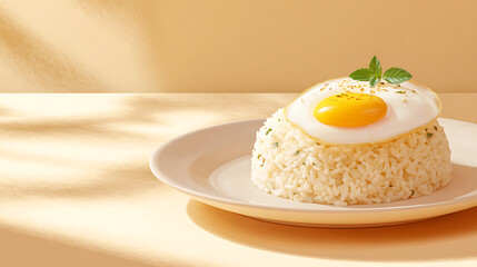 Fototapeta premium Garlic rice with sunny side up egg and mint garnish