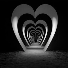 A grayscale tunnel of concentric heart shapes