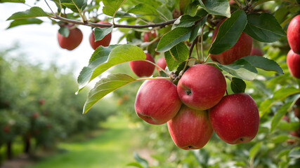 Obraz premium A close-up of ripe apples growing on a tree in a vibrant orchard, with bright green foliage in the background