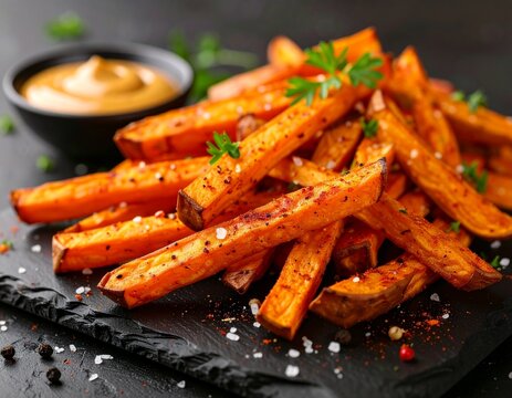 Artistic still life of gourmet sweet potato fries, seasoned with a touch of paprika, elegantly arranged on a dark slate board next to a small bowl of honey mustard. Soft, diffused cinematic studio lig
