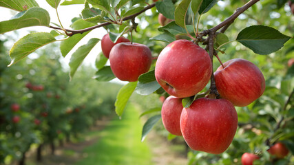 Obraz premium Red apples hang from branches in a lush orchard, surrounded by green leaves and sunlight