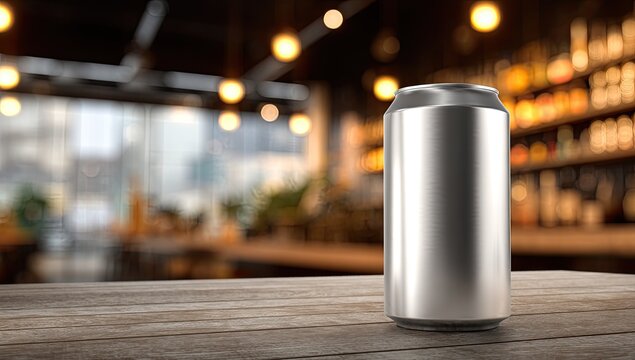 Polished aluminum can on a wooden bar top, out of focus cafe background