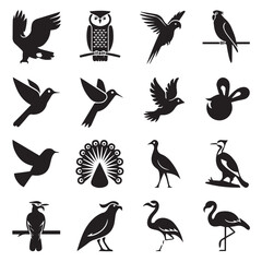 Naklejka premium Collection of diverse bird silhouettes including eagle, owl, parrot, and flamingo designs
