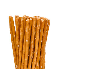 Delicious crunchy salty flour sticks isolated on white background