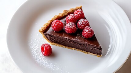 Slice of Chocolate Tart with Fresh Raspberries on a White Plate