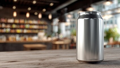Blank metallic beverage can on wooden table, cafe background