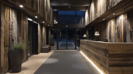 Interior lobby with reclaimed wood walls and reception desk.