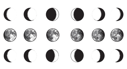 A minimalist vector icon sheet featuring the complete phases of the moon, from full moon to new moon.