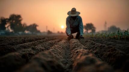 Fototapeta premium Farmer Tending to Crops at Sunrise
