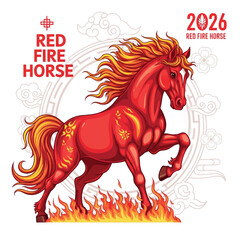 horse, red, animal, 2026, illustration, drawing, vector, design, celebration, happy, chinese, japan, zodiac, holiday, year of the horse, japanese, banner, new year, holidays, card, background, 