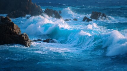 Majestic ocean waves crash against rocky shore. AI generated
