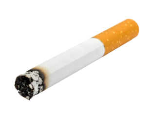 Smoldering Cigarette: An overhead perspective captures a cigarette in its final moments, its smoldering ember and ash hinting at the hazards and consequences of tobacco use.
