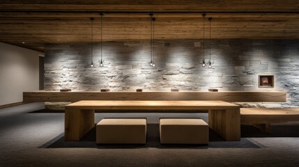 Wooden table and seating area with stone wall.
