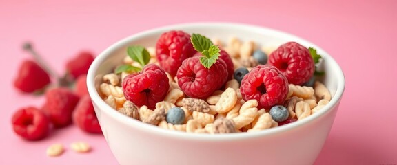 Close-up of vibrant superfood cereal with fresh raspberries in a bowl, pastel pink backdrop,   fruit,   healthy eating