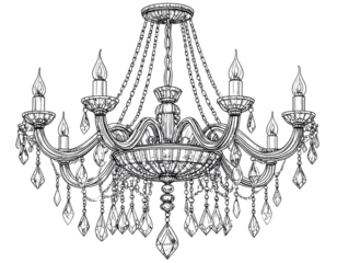  Hand-Drawn Illustration of Vintage Crystal Chandelier with Ornate Details, Transparent Background