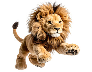 Obraz premium King of the toy: A plush lion, exuding regality and playfulness, leaps forward, its soft mane and paws detailed and inviting, embodying the spirit of childhood fantasy. 
