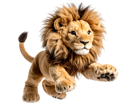 King of the toy: A plush lion, exuding regality and playfulness, leaps forward, its soft mane and paws detailed and inviting, embodying the spirit of childhood fantasy. 