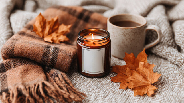 Autumn candle, coffee and blanket on cozy soft woolen background. Autumn-themed gift set with pumpkin-scented candle, plaid scarf, fall leaves, and a cozy mug