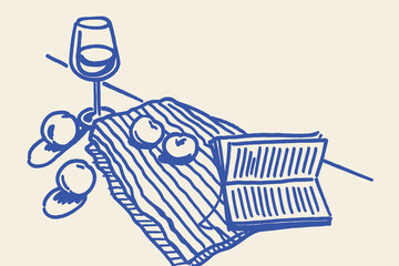 Wine glass, peaches and book on towel, loose sketch vector illustration