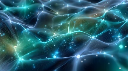 Glowing green and blue nodes connected by soft curved lines on dark background, representing AI, neural networks, communication, data flow, technology, and digital connectivity.