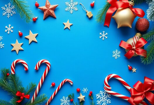 Festive Christmas elements including ornaments, stars, candy canes, and snowflakes on a blue background,  stars,  present