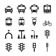Seamless pattern showcasing black and white public transport icons on a white background.