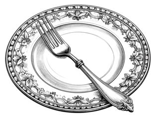Hand-Drawn Illustration of White Plate with Ruffled Edge and Silver Fork, Transparent Background