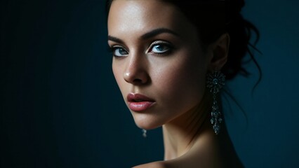 Fototapeta premium Elegant Woman with Blue Eyes and Dangle Earrings