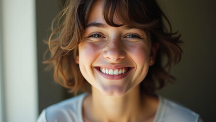 Hair loose, a wide smile of natural joy. A young feminine woman.