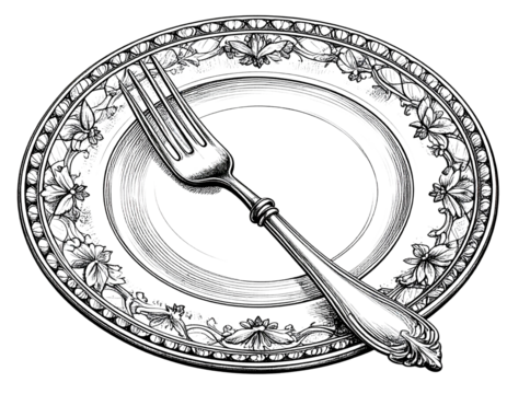  Hand-Drawn Illustration of White Plate with Ruffled Edge and Silver Fork, Transparent Background - Powered by Adobe