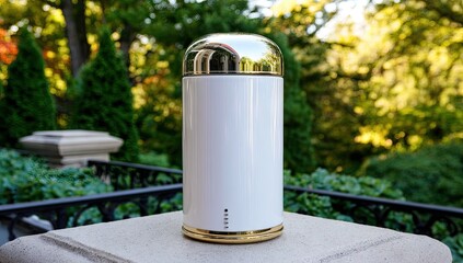 Obraz premium Elegant white canister with gold accents on a stone surface.