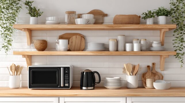 Modern kitchen counter with appliances, potted plants, and wooden decor accents. Compact dorm kitchenette with electric kettle, microwave, mini rice cooker, cozy and minimalist interior