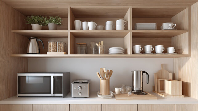 Modern kitchen counter with appliances, potted plants, and wooden decor accents. Compact dorm kitchenette with electric kettle, microwave, mini rice cooker, cozy and minimalist interior - Powered by Adobe