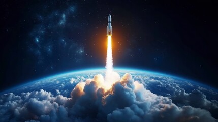 Rocket launching into space, fiery trail above clouds and Earth.